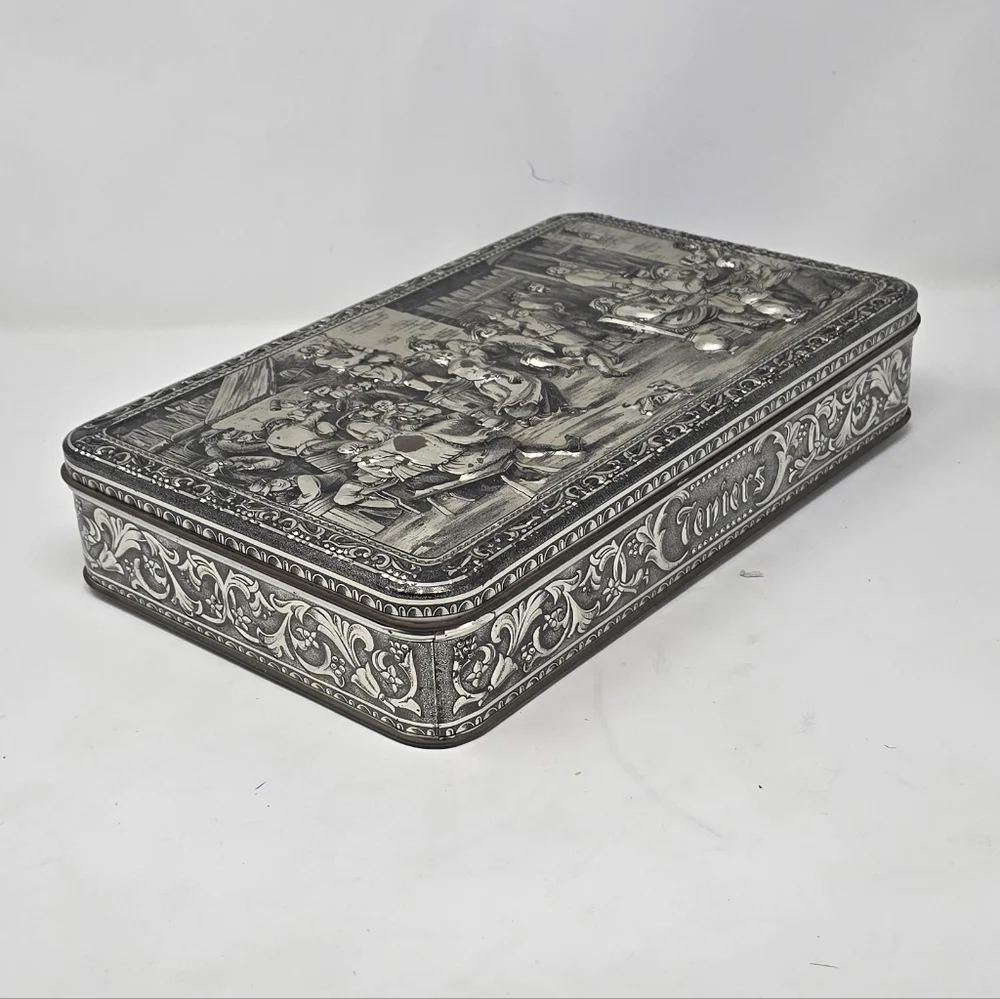 Vtg Teniers 3D tin box dancing socializing florentine biscuit‎ cookie box